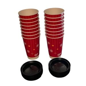 Chinet Set Of 16 Red Snowflake Christmas Holiday Paper Cups with Black Lids Set